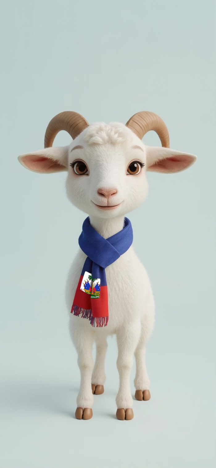 Adorable Cartoon Goat Wearing a Haiti Flag Scarf