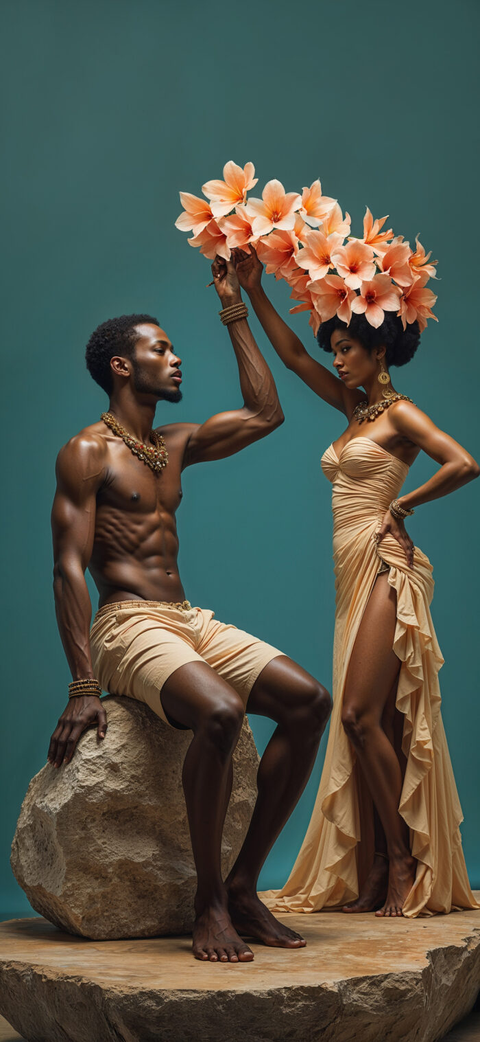 Modern Afro Elegance Artwork – Floral Crown Couple Composition