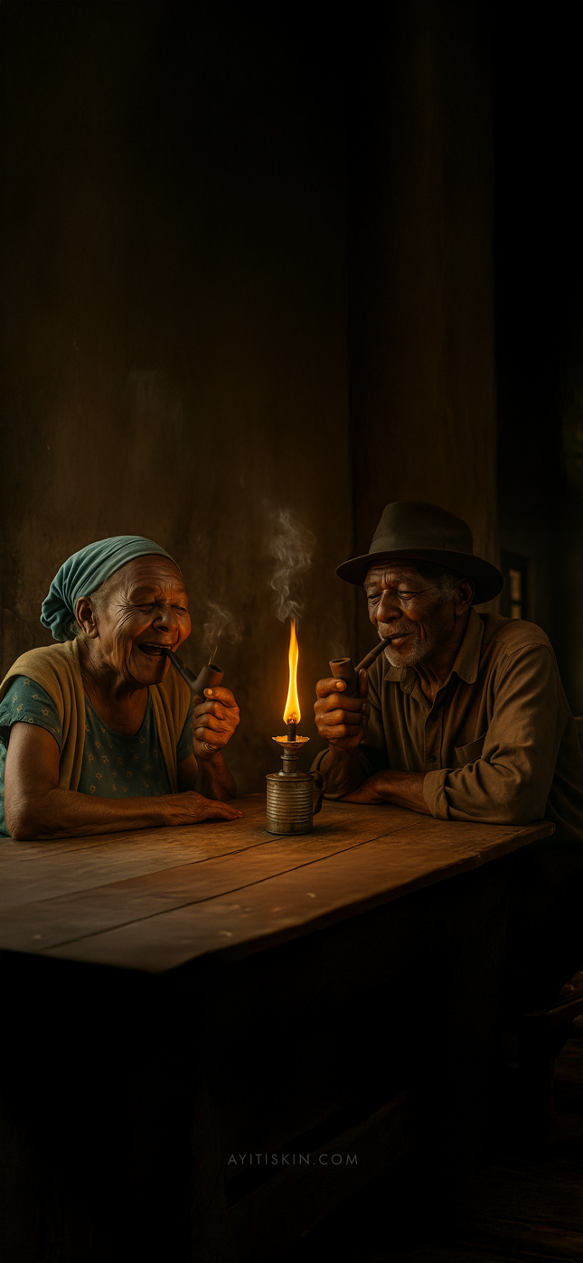 Elderly Haitian couple and the pipe-smoking tradition